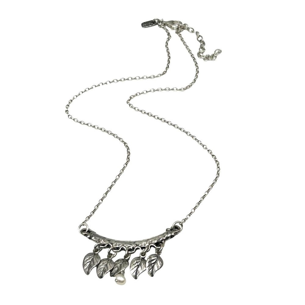 Sterling Silver Necklace Leaves and Pearl Didae Made In Israel Charm Necklace
